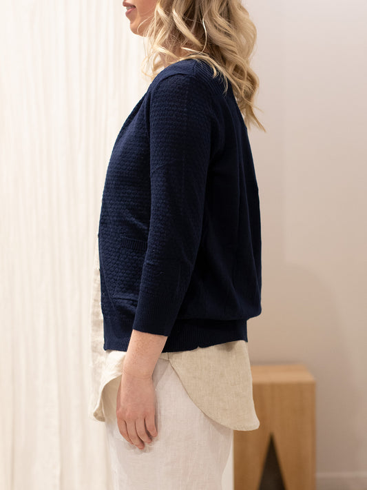 Cotton Pointelle Cardigan 3/4 Sleeve NAVY